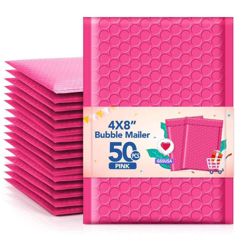 GSSUSA GSSSUSA Bubble Mailers 4x8 Inch 50 Pack Padded Envelopes Usable Size 4x7 Inch Shipping Envelopes Self Seal Small Packaging Shipping Bags for Mailing Jewelry, Small Business, Pink - Image 1